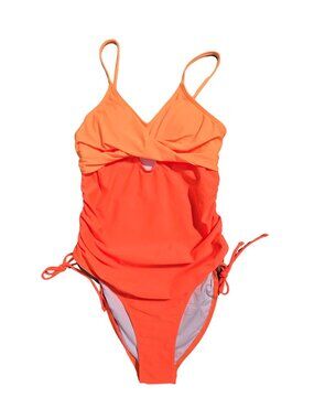 NWT | Two-Tone Orange Ruched One-Piece Swimsuit Cutout Detail | Medium